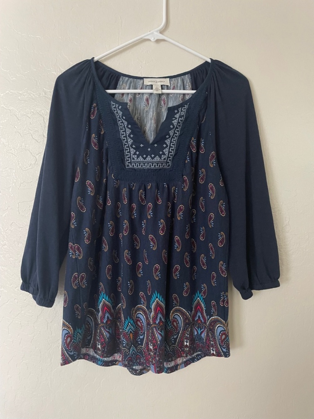Vintage America Navy Paisley Embroidered Peasant Blouse